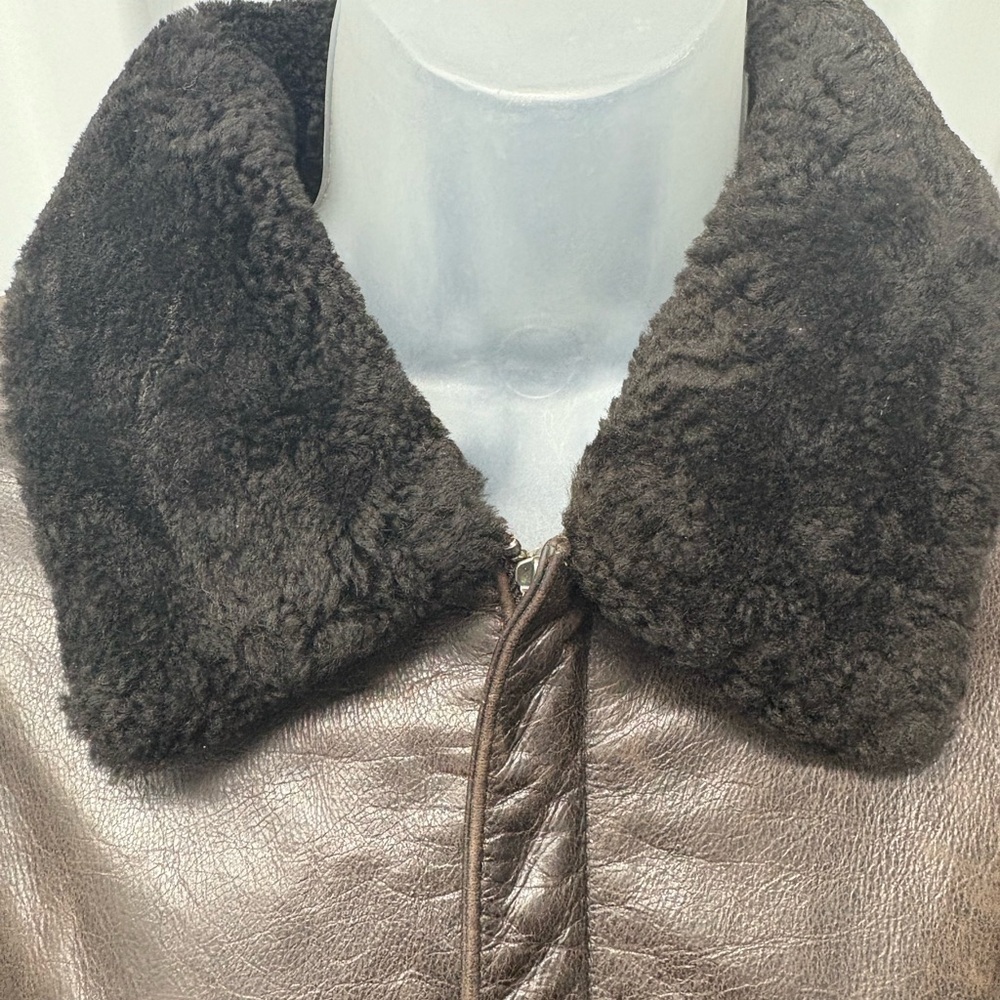 Vintage Structure Men's Brown Leather Bomber Jacket with Black Collar - Picture 6 of 8